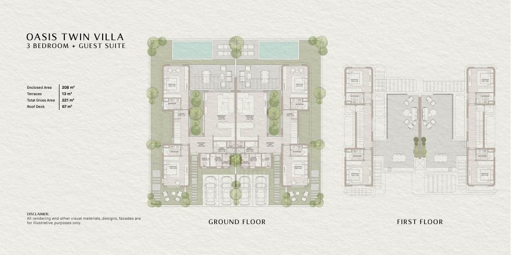 Oasis Twin Villa floor plan and area schedule from SODIC brochure