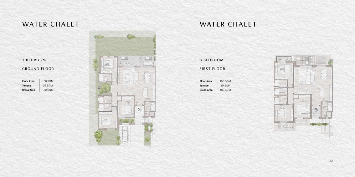 3 Bedroom Water Chalet floor plan and area schedule from SODIC brochure